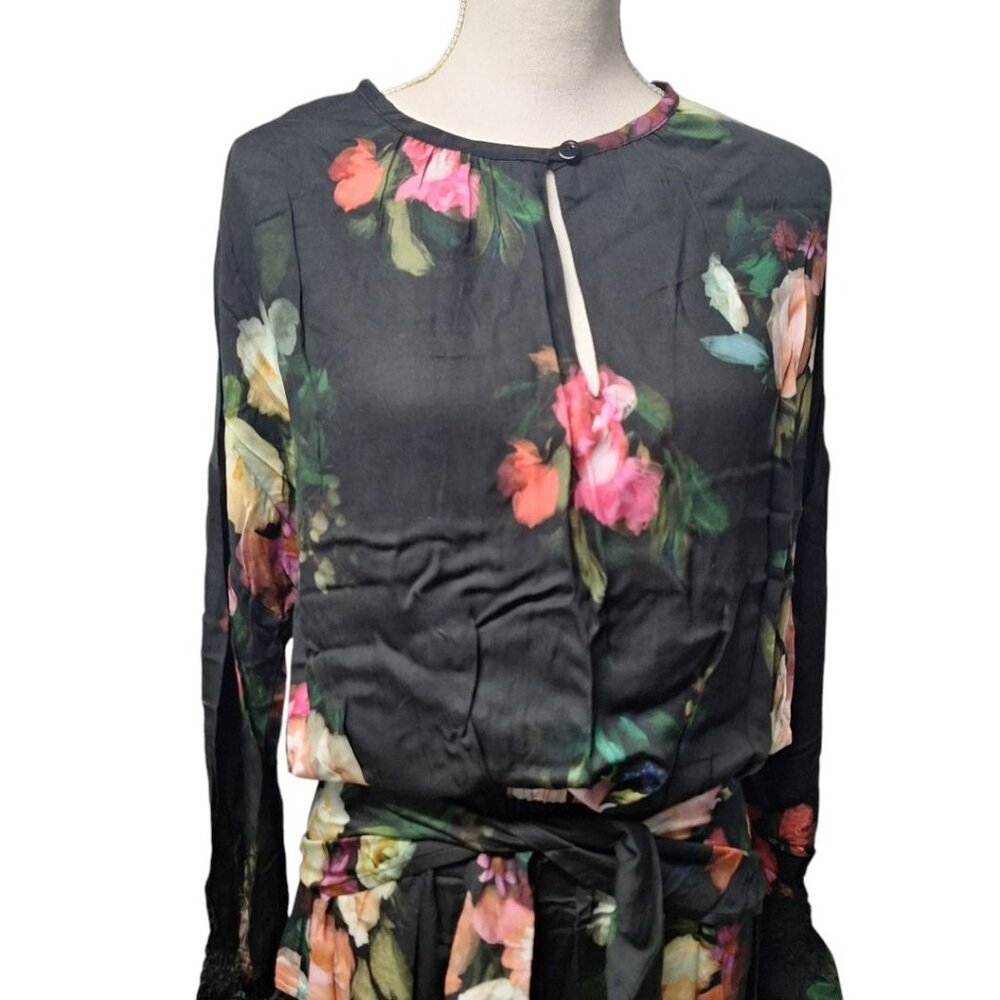 Finley Wrap Belt Dress Black Floral Long Sleeve Lightweight Women Small Tie Wais - Picture 11 of 12